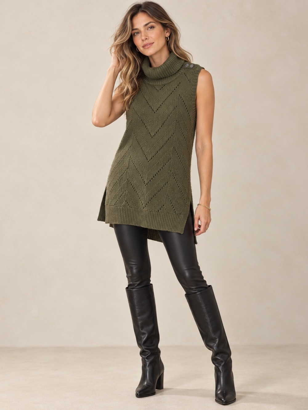 Banana Republic Olive Pointelle Turtleneck Sweater Vest Tunic XS